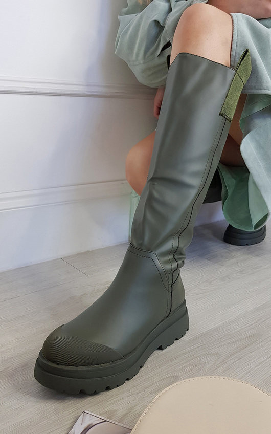 Razzi Knee High Chunky Boots in Khaki | iKrush