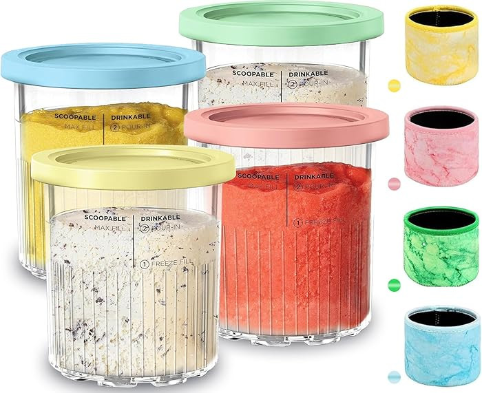 for Ninja Creami Deluxe 24OZ Pints and Lids 4 Pack with Neoprene Sleeve,Family Ice Cream Storage ... | Amazon (US)