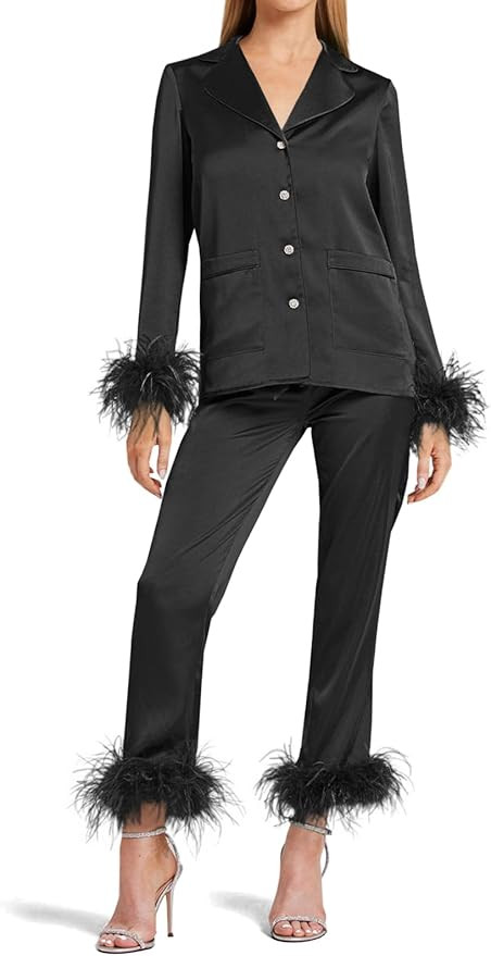 Women's Silk Satin Pajama Set Feather Trim Bridal Long Sleeve Pocketed Lounge Sets Sleepwear | Amazon (US)