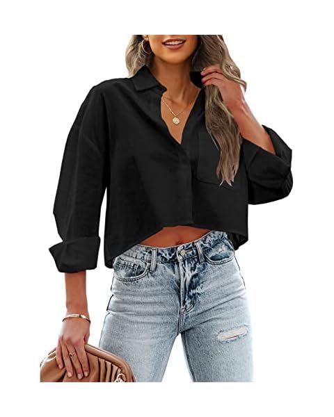 Tankaneo Womens Button Down Cropped Shirts Long Sleeve Casual Crop Tops Solid Lapel Blouse Shirt ... | Amazon (US)