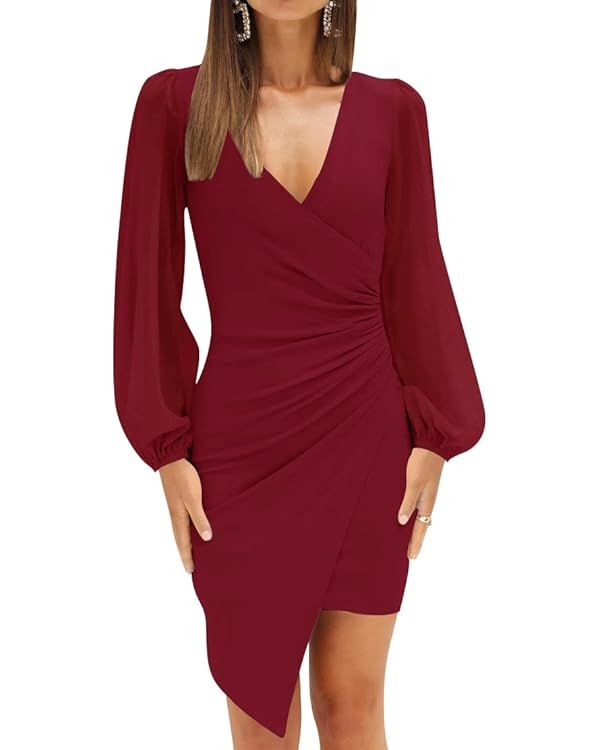 ZESICA Women's Wrap V Neck Bodycon Mini Dress Puff Long Sleeve Ruched Asymmetrical Hem Cocktail P... | Amazon (US)