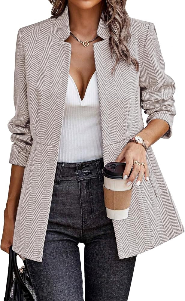 ELLEVEN Women’s Open Front Herringbone Blazer-Business Casual Long Sleeve Work Jacket with Full... | Amazon (US)