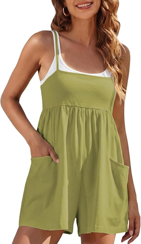 Womens Summer Rompers Spaghetti Strap Short Jumpsuits Square Neck Dress Beach Vacation Clothes with Pockets | Amazon (US)