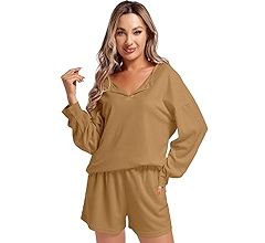 INFULEIMU Womens Waffle Pajamas Lounge Set Long Sleeve Top and Shorts 2 Piece Outfits Loungewear ... | Amazon (US)