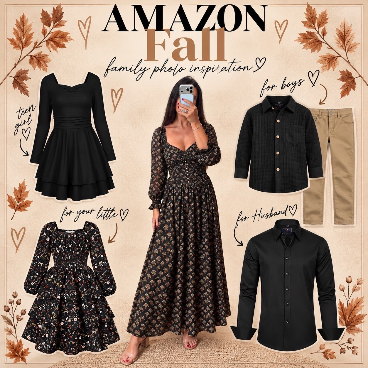 Planning fall family pictures? 🍂🤎 I put together this Amazon family photo outfit inspiration with coordinating black, tan, and floral pieces for the whole family. Everything works together without being overly matching—perfect for fall photos, Thanksgiving pictures, or family events!