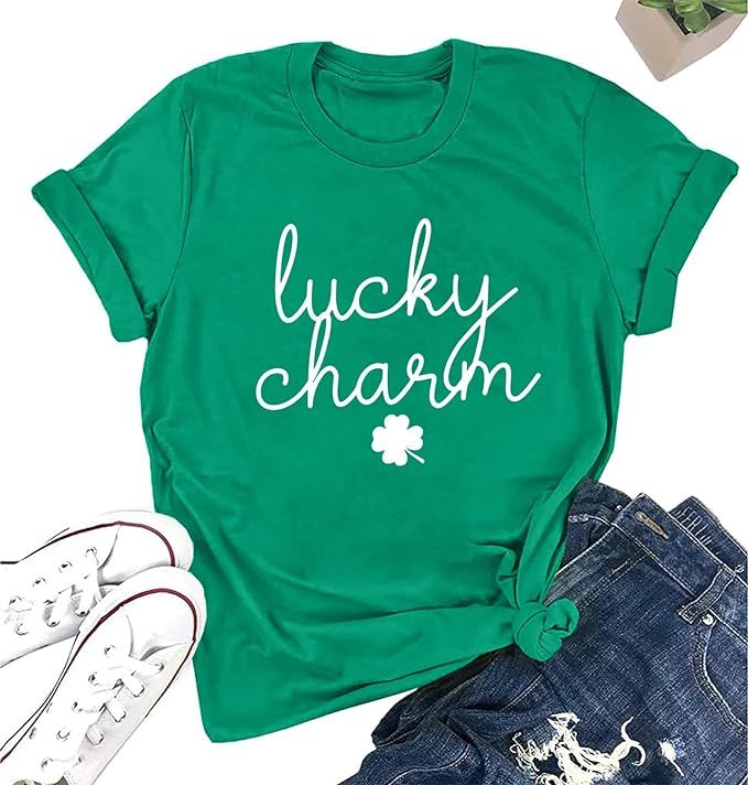 MOUSYA Womens St. Patricks Day T-Shirt Lucky Charm Clover Letter Print Short Sleeve Tees Novelty ... | Amazon (US)