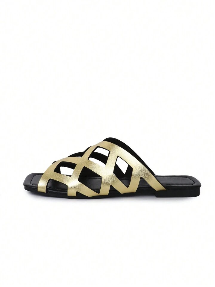 Plus Size Women's Laser Cutout Open Toe Flat Sandals, Summer 2025 New Arrival | SHEIN