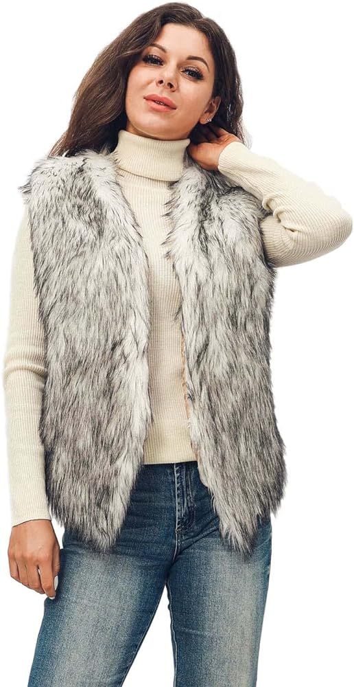 Simsly Sleeveless Faux Fur Vest Short Fur Vests Jacket Autumn Warm Faux Coat Waistcoat Outerwear ... | Amazon (US)