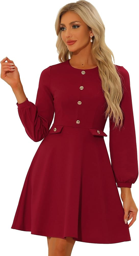 Allegra K Work Office Dress for Women's Button Decor A-Line Long Sleeve Dress | Amazon (US)