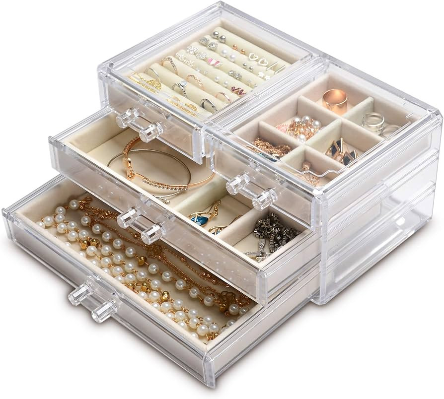 Frebeauty Acrylic Jewelry Box 4 Drawers,Clear Jewelry Organizer Velvet Rings Necklaces Earring Br... | Amazon (US)