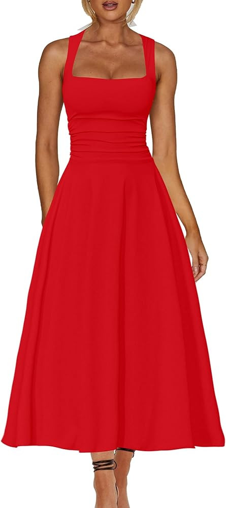 Kaximil Women's Square Neck Corset A Line Maxi Dress Ruffle Ruched Waist Flowy Long Dresses | Amazon (US)