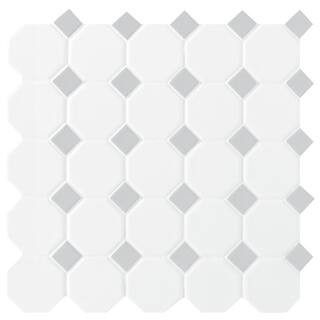 Octagon and Dot Matte White with Gray Dot 12 in. x 12 in. Glazed Ceramic Mosaic Tile (1 sq. ft./e... | The Home Depot