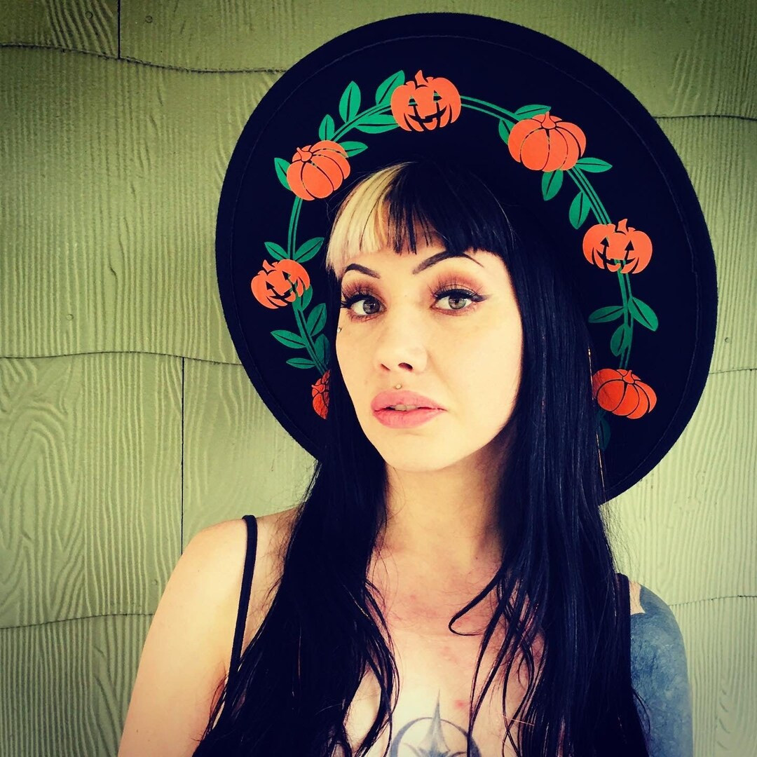 Vegan Felt wide brim Hat - goth witch halloween fedora hat - XL Brim - Pumpkins | Etsy (US)
