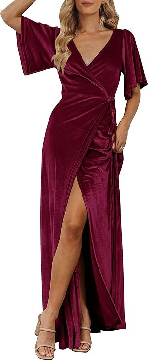 MEROKEETY Women's V Neck Wrap Velvet Maxi Dress Bell Sleeve Split Bridesmaid Cocktail Party Dress | Amazon (US)