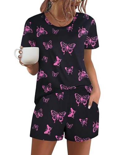 Ekouaer Women's Pajama Sets Short Sleeve Pjs 2 Piece Top and Shorts Sleepwear Comfy Soft Lounge Sets with Pockets Pink Butterfly Large | Amazon (US)