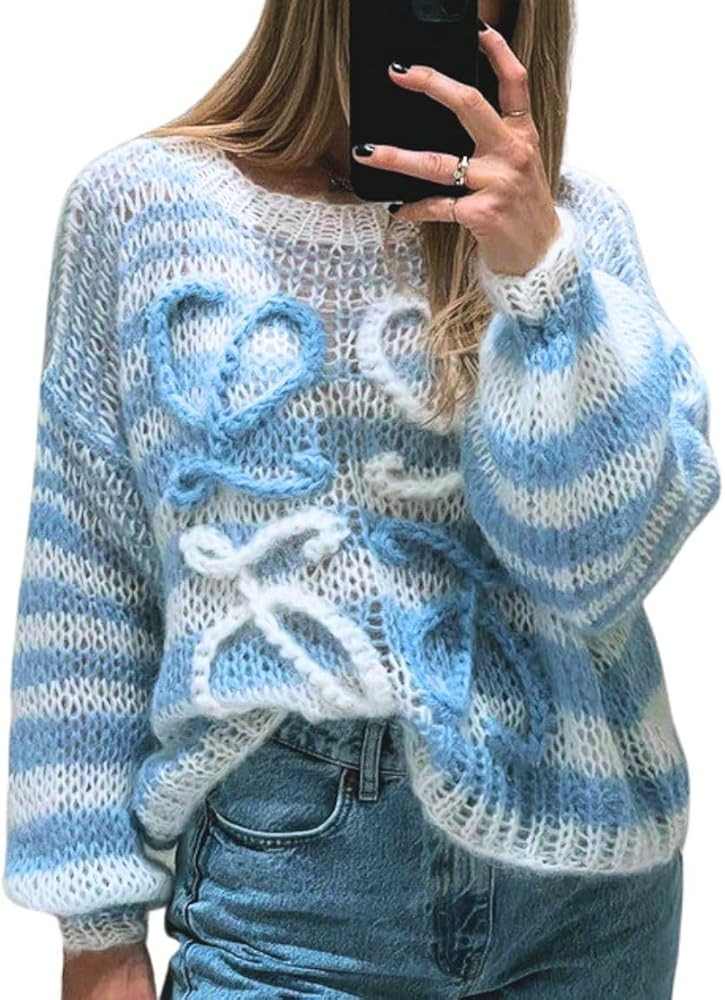 Women's Rainbow Striped Fluffy Sweater Pullover Oversized Long Sleeve Fall Casual Loose Chunky Kn... | Amazon (US)