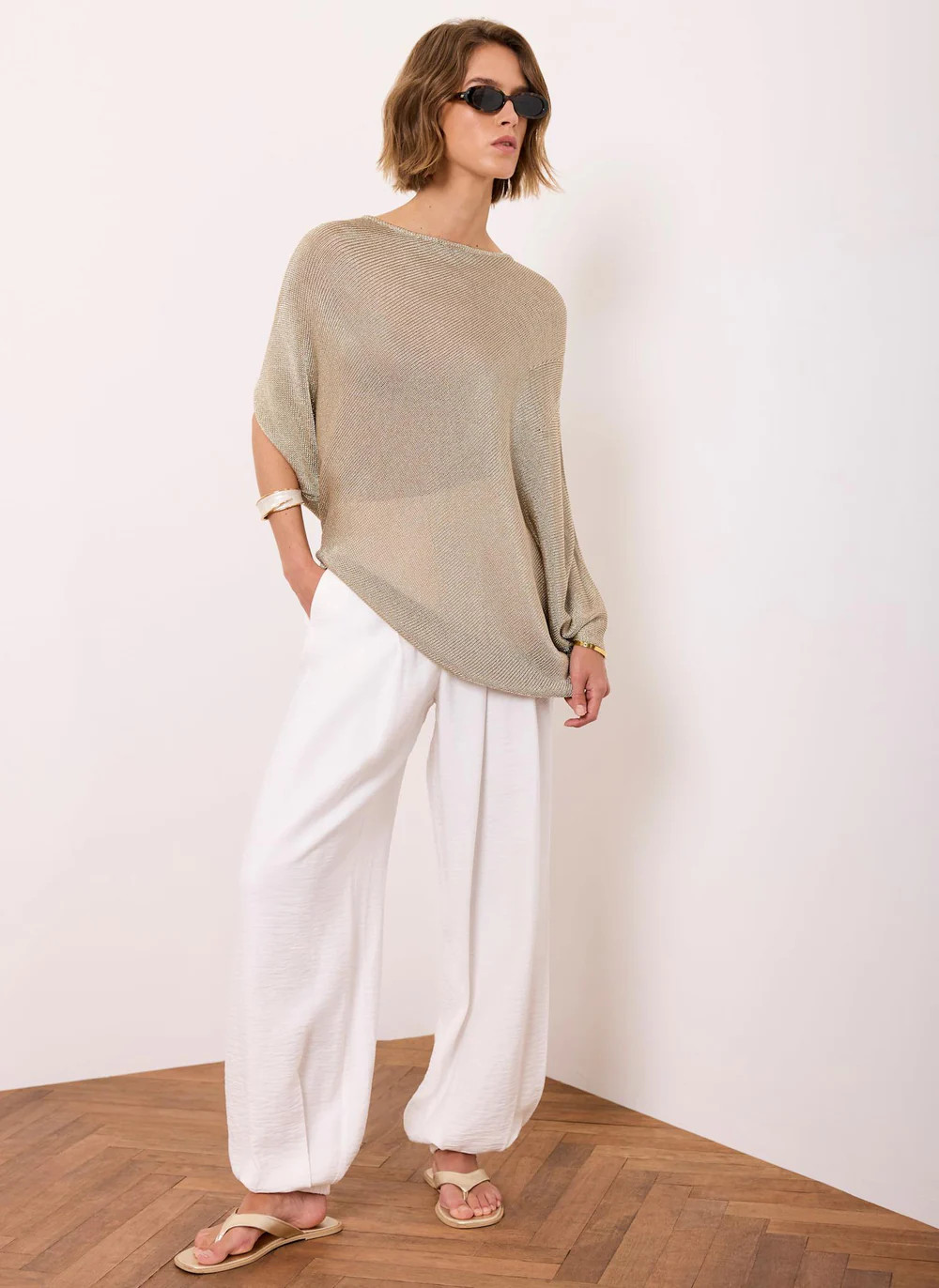 Gold Metallic Knit Poncho Top | Mint Velvet