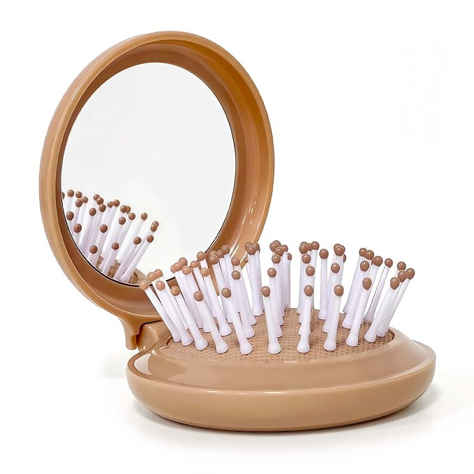 Mini Hair Brush with Compact Mirror, Travel Hair Brush, Brown Vintage Style, 1-Pack | Amazon (US)