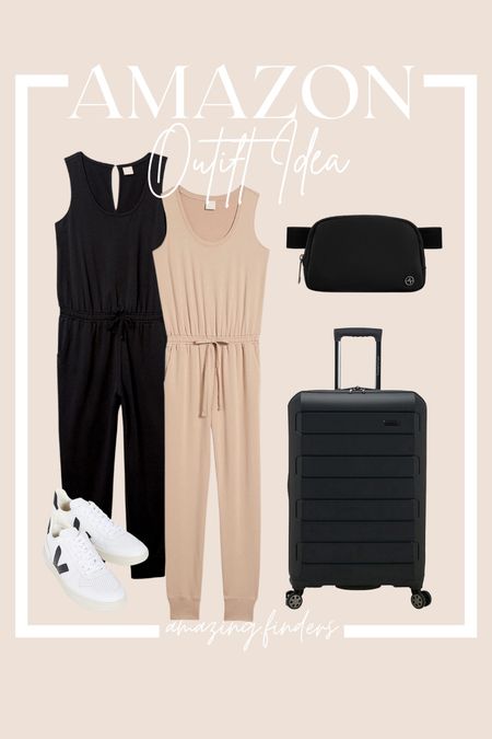 Amazon travel outfit, Amazon jumpsuit, Amazon casual outfit. Black jumpsuit, cotton jumpsuit, amazon luggage, Amazon belt bag

#LTKsalealert #LTKstyletip #LTKunder50