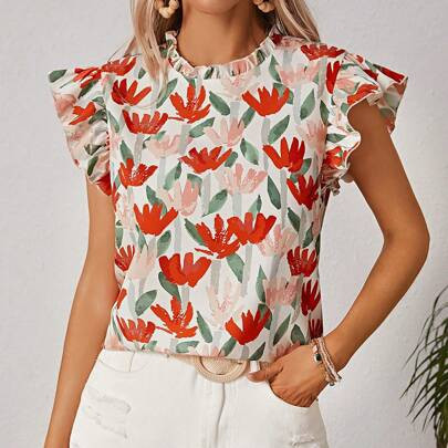 Artist Boho Bohemian Women Vacation Floral Print Ruffle Trim Blouse, For Summer, Holiday, Beach, Festival, Ibiza Fits, Western Wear | SHEIN