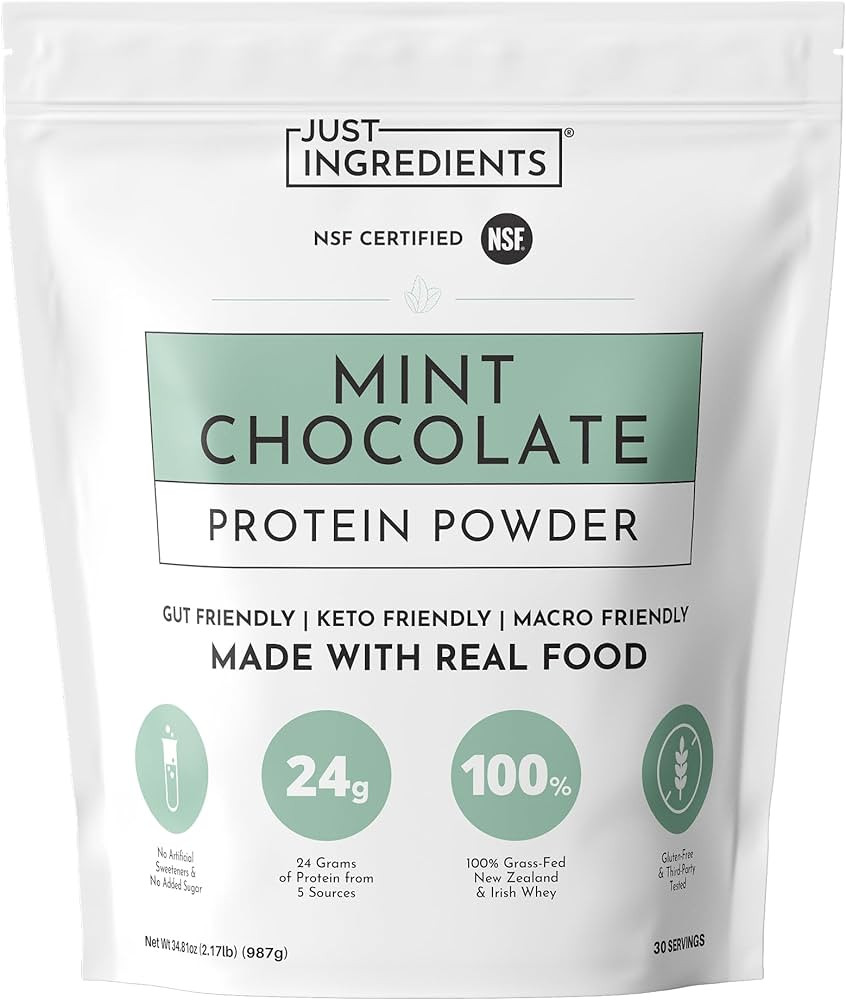 JUST INGREDIENTS Mint Chocolate Protein Powder \u2013 30 Serving Bag \u2013 Grass-Fed Whey & Plan... | Amazon (US)