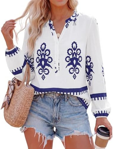 BTFBM Womens Tops Spring Casual Long Sleeve Shirts Button Up V Neck Bohemian Blouses Loose Tunics... | Amazon (US)