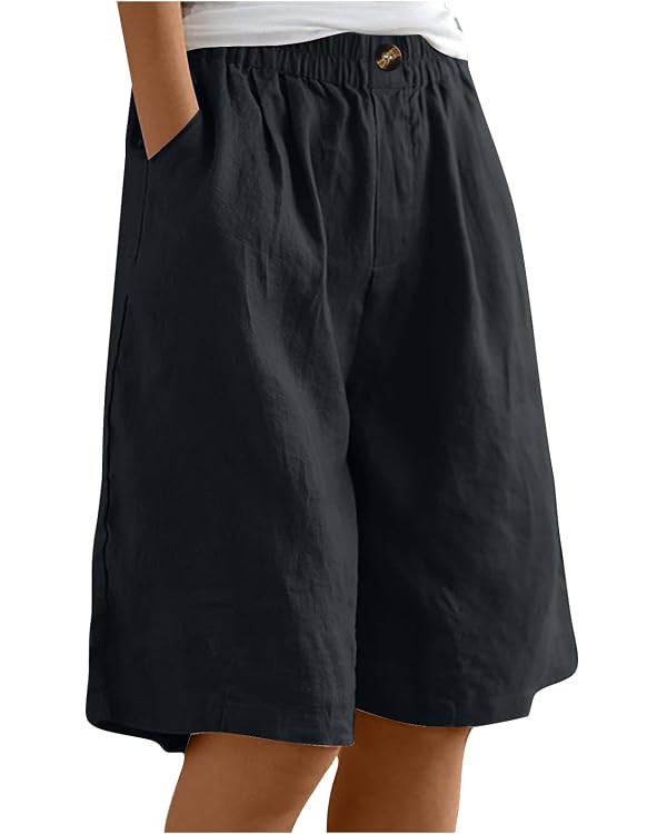Women Wide Leg Bermuda Shorts, Comfy Cotton Linen Loose Knee Length Shorts, Summer Fashion Casual... | Amazon (US)