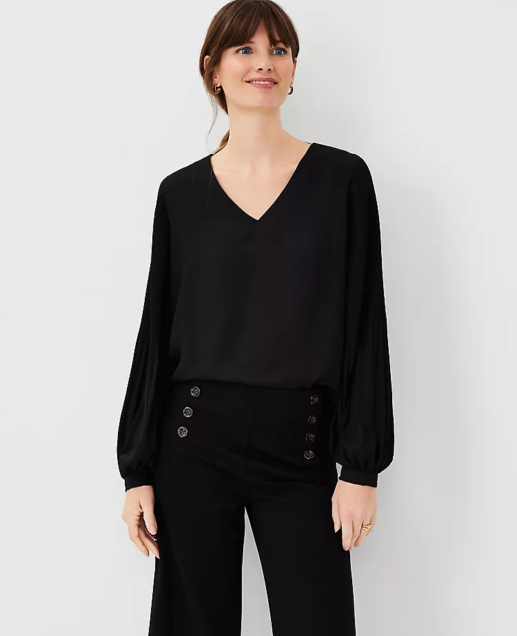 Pleated Sleeve V-Neck Popover | Ann Taylor (US)