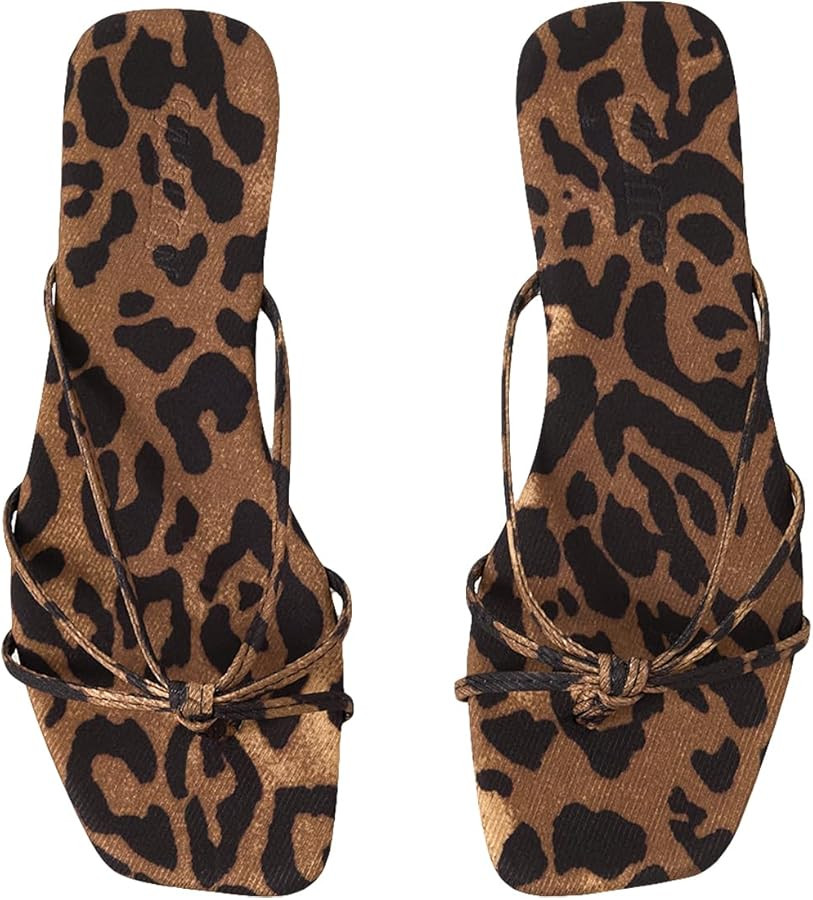 WDIRARA Women's Leopard Flip Flops Square Open Toe Strappy Thong Sandals Flats Slides Sandals | Amazon (US)
