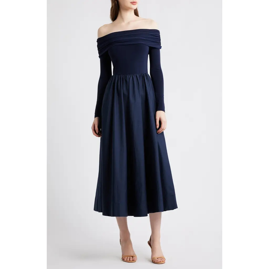 Eliza J Off the Shoulder Long Sleeve Mixed Media Dress in Navy at Nordstrom Rack, Size 16 | Nordstrom Rack