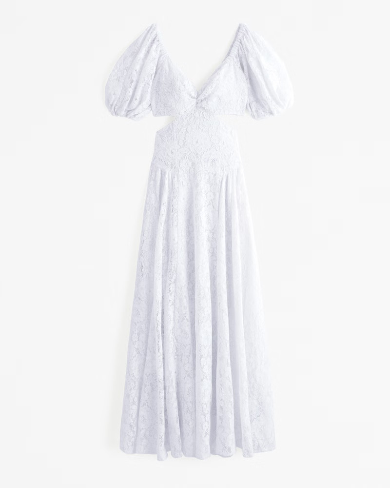 Abercrombie & Fitch Women's Lace Drama Puff Sleeve Cutout Maxi Dress in White - Size S | Abercrombie & Fitch (US)