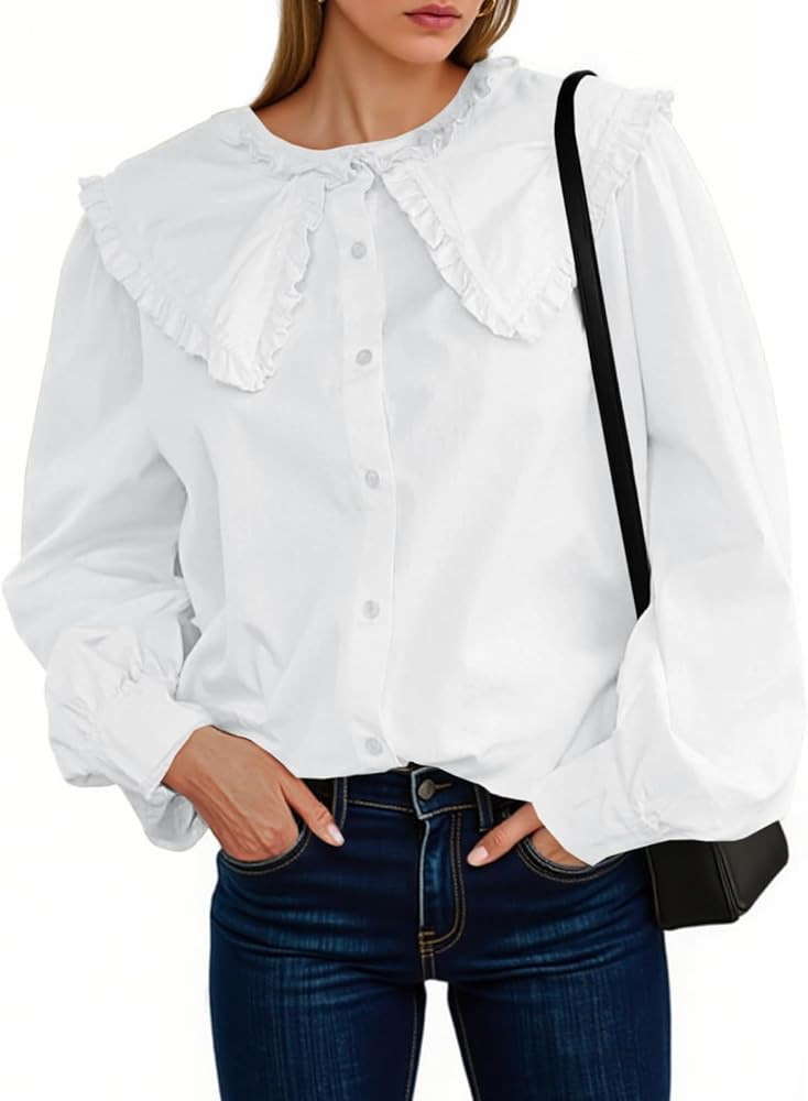 Tankaneo Womens Button Down Shirts Cotton Puff Sleeve Babydoll Blouse Fall Casual Doll Collar Top... | Amazon (US)