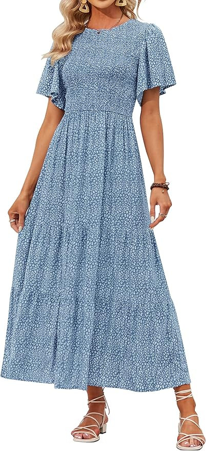 ZESICA Women's 2026 Summer Casual Floral Print Short Flutter Sleeve Crew Neck Smocked High Waist ... | Amazon (US)