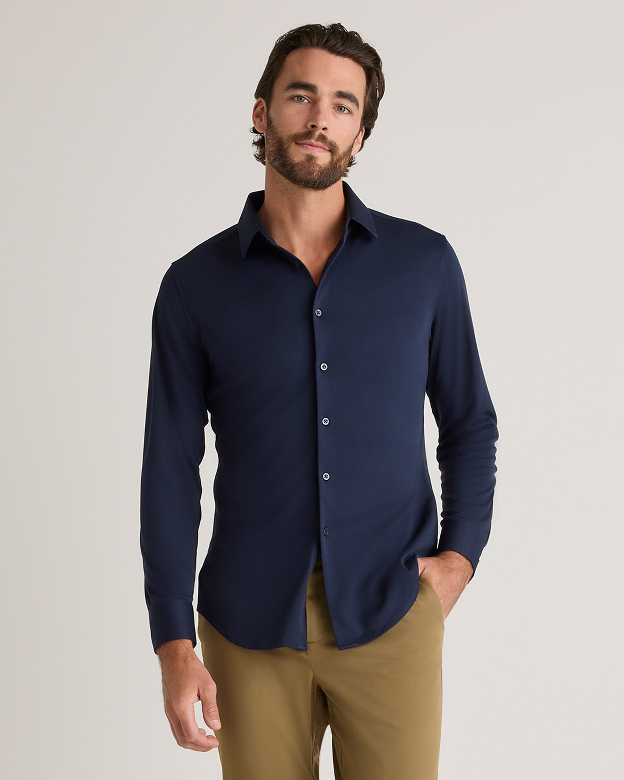 Quince | Men's Commuter Stretch Pique Long Sleeve Button Down in Navy, Size Large, 100% Polyester | Quince