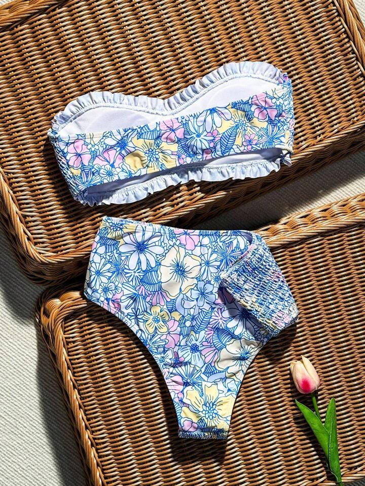 SHEIN Swim Mod Summer Beach Women's Vacation Frill Trim Flower Print Shirred Bandeau Bikini Set | SHEIN