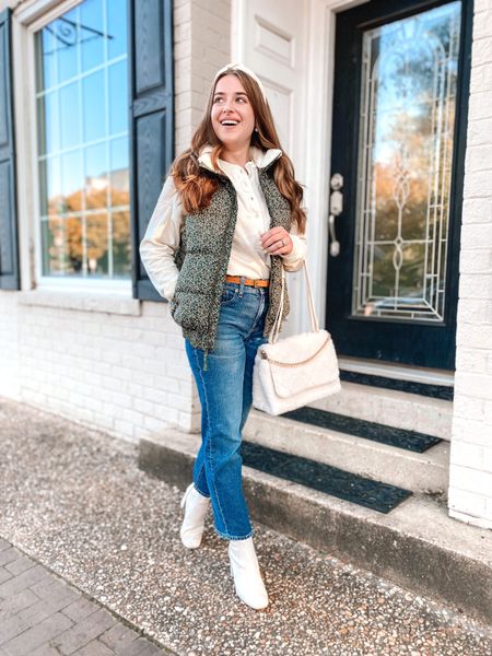Fall casual outfit. Fall puffer vest. Faux sherpa vest. Casual henley. Cropped denim. Cream ankle boots. 

Denim 30% off and runs tts. 

Sizing: xs in top and vest. 25 in denim. Go up 1/2 in shoes  

#LTKsalealert #LTKunder50 #LTKSeasonal
