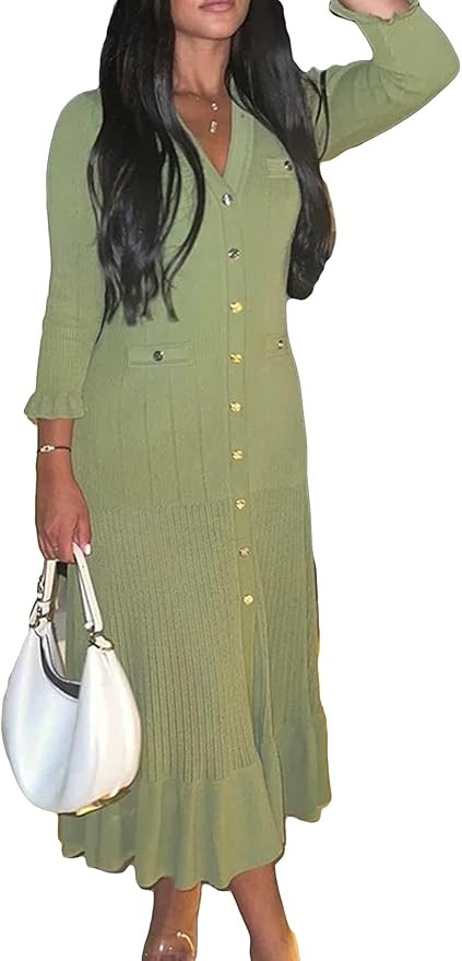 LAJIOJIO Sexy Long Sleeve Knit Sweater Dress, Winter Button V Neck Pleated Long Dresses for Women... | Amazon (US)