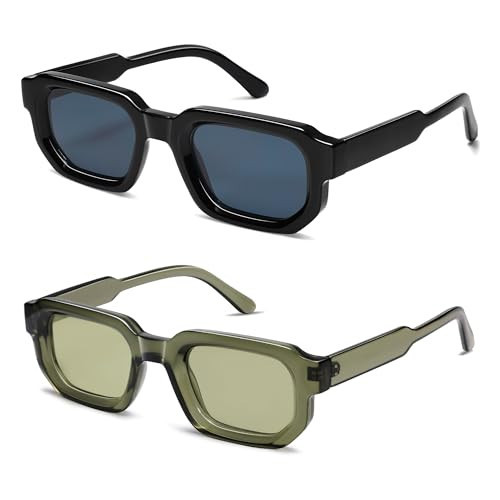 VANLINKER Retro Small Chunky Rectangle Sunglasses for Men Women Vintage Trendy Square Thick Sun Glasses VL9823,Black/Green | Amazon (US)