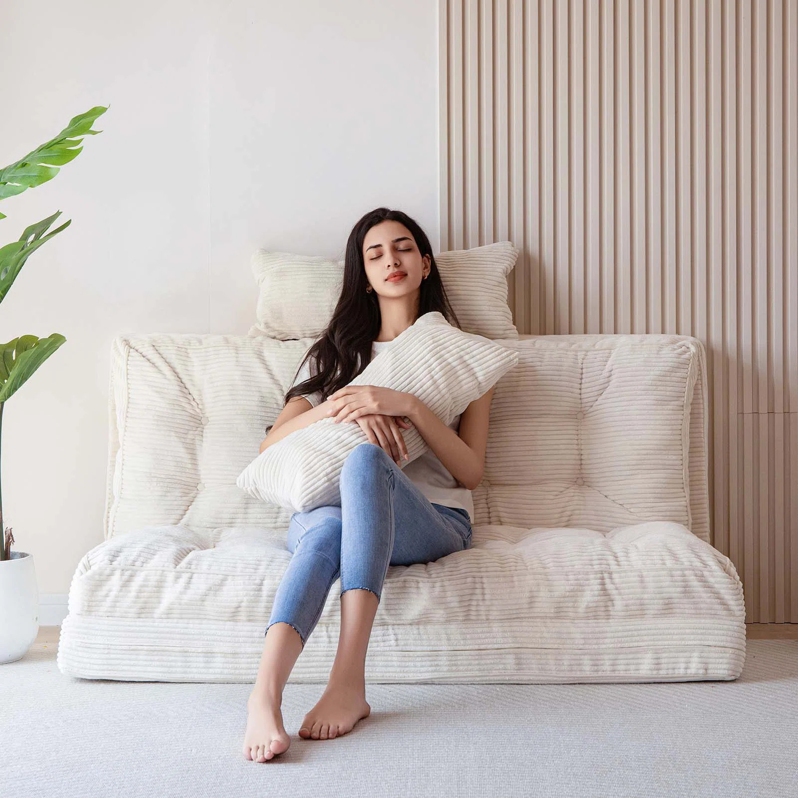 Corduroy Bean Bag Chair Tufted Folding Sofa Bed with Pillows | Wayfair North America