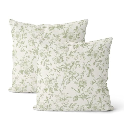 Gloteery Sage Green Throw Pillow Covers 18x18 Inch 2 Pcs Vintage Chinoiserie Green Floral Decor Pillow Covers Toile Flower Seasonal Outdoor Decorative Pillowcase Linen Cushion Cover for Couch Sofa | Amazon (US)