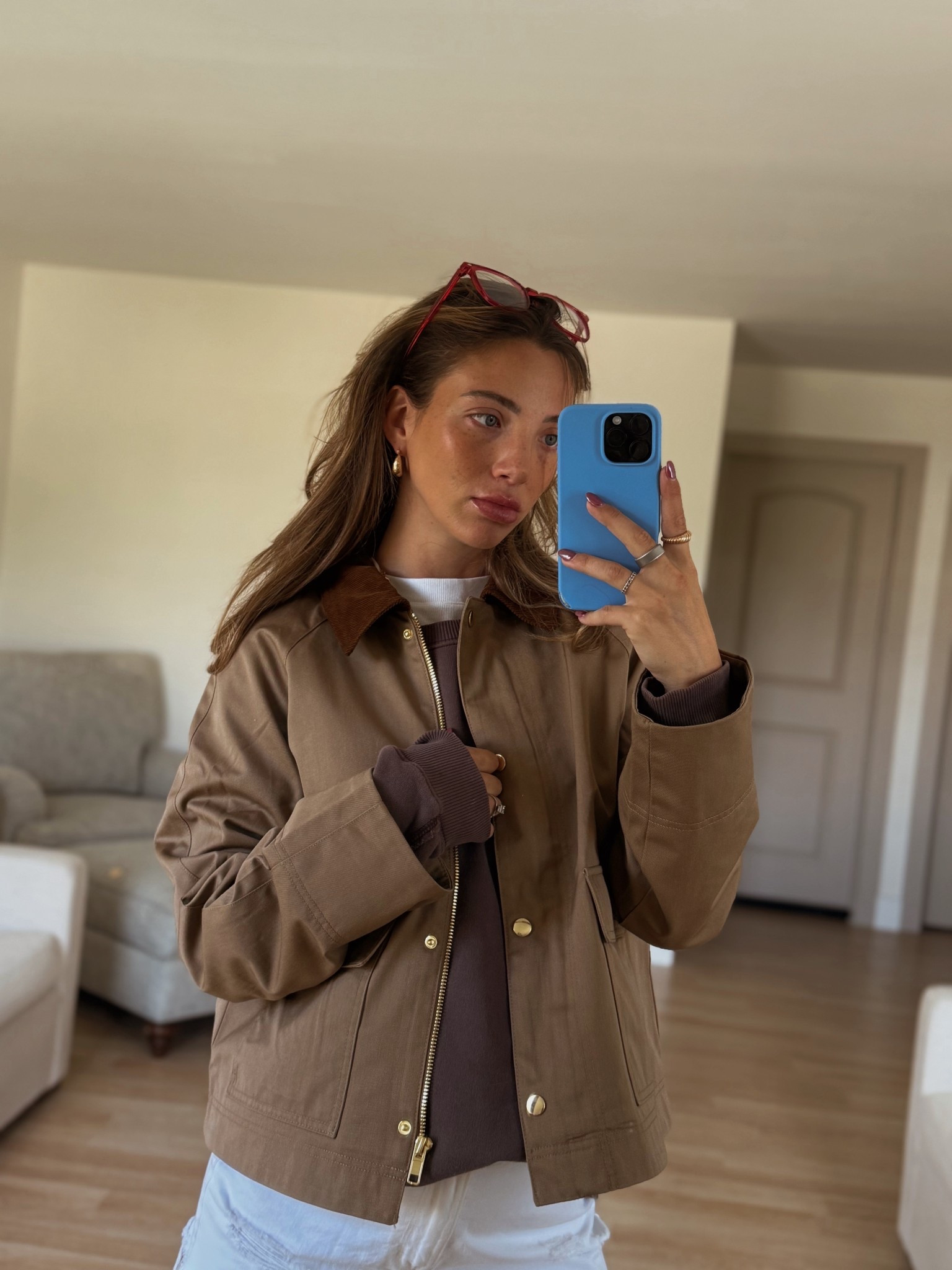 Jacket : m 
White tee : m 
Brown sweater : m (not exact one I’m wearing but very similar ) 
Shorts : 4 

#LTKBump #LTKStyleTip #LTKSeasonal