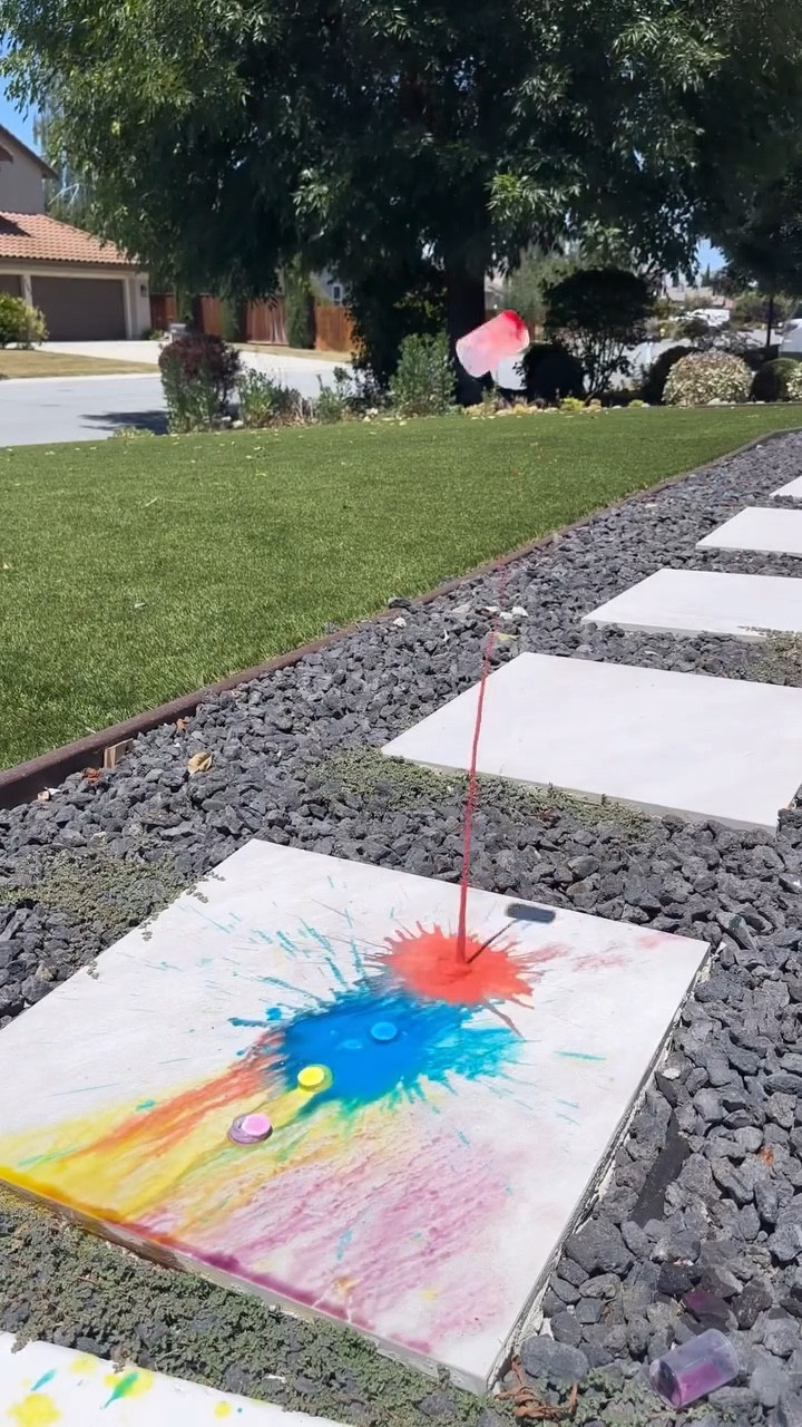 Paint Rockets! 🚀💥🎨I’d do it again tomorrow 😂

How to: 
Mix everything, turn film roll upside down & run! 
#diymom #toddlermom #summeractivitiesforkids #outdoorfun #paintfun