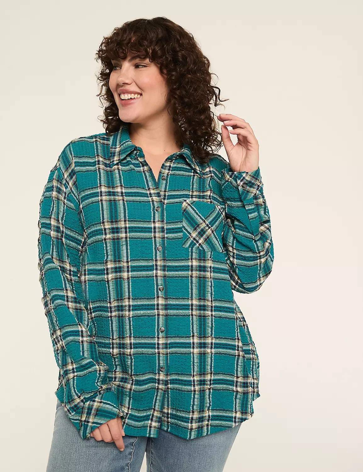 Crinkle Plaid Button-Down Shirt | Lane Bryant (US)