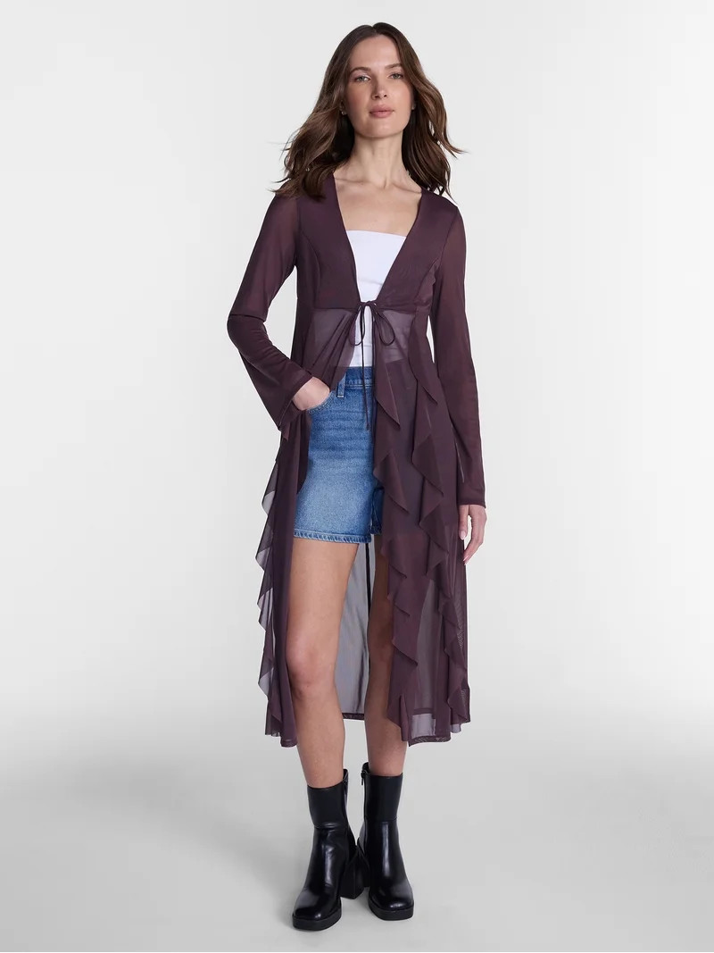 Madden NYC Women\u2019s Ruffle Sheer Tie Front Duster with Long Sleeves, Sizes XXS-XXL | Walmart (US)