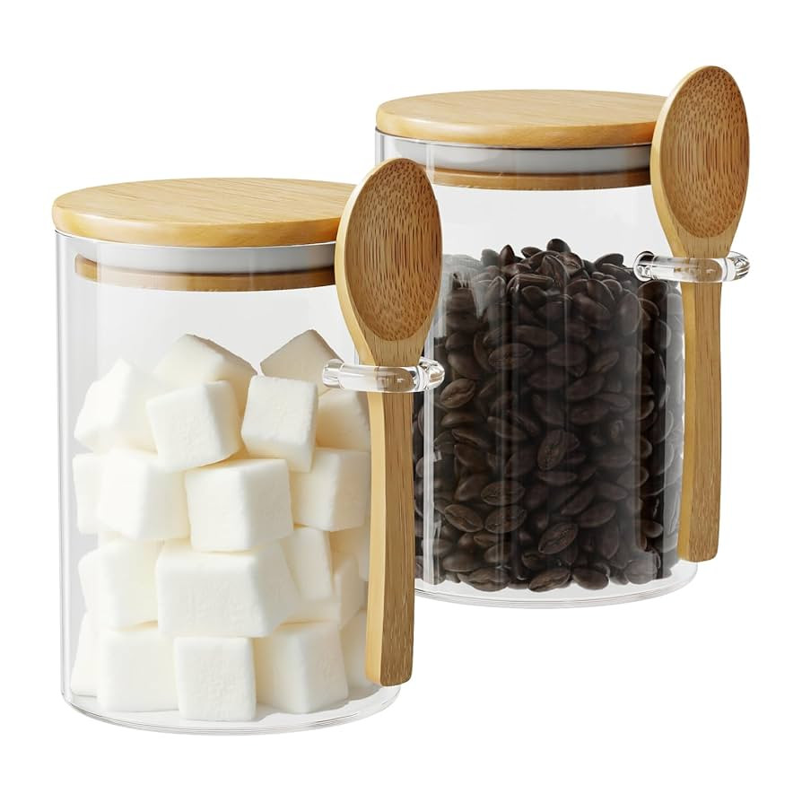 Glass Sugar Container with Spoon - 2 Pack 15oz Glass Jars with Bamboo Lid and Spoon, Bamboo Lid S... | Amazon (US)