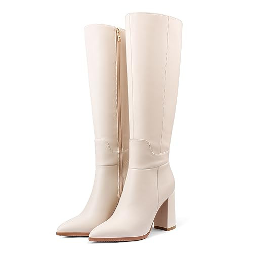 Dance&Style Women's Leather Boots Block Heels Shoes Fall Boots Knee High 30-Beige 8.5 US | Amazon (US)