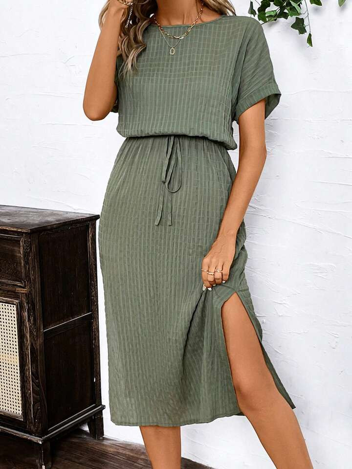 SHEIN Clasi Summer Army Green Vertical-Striped Texture Round Neck Tie-Waist Short Sleeve Dress Fo... | SHEIN