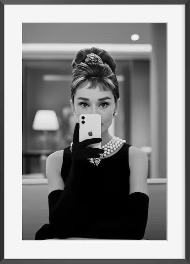 Found this Black & White Audrey Hepburn mirror selfie on Etsy!