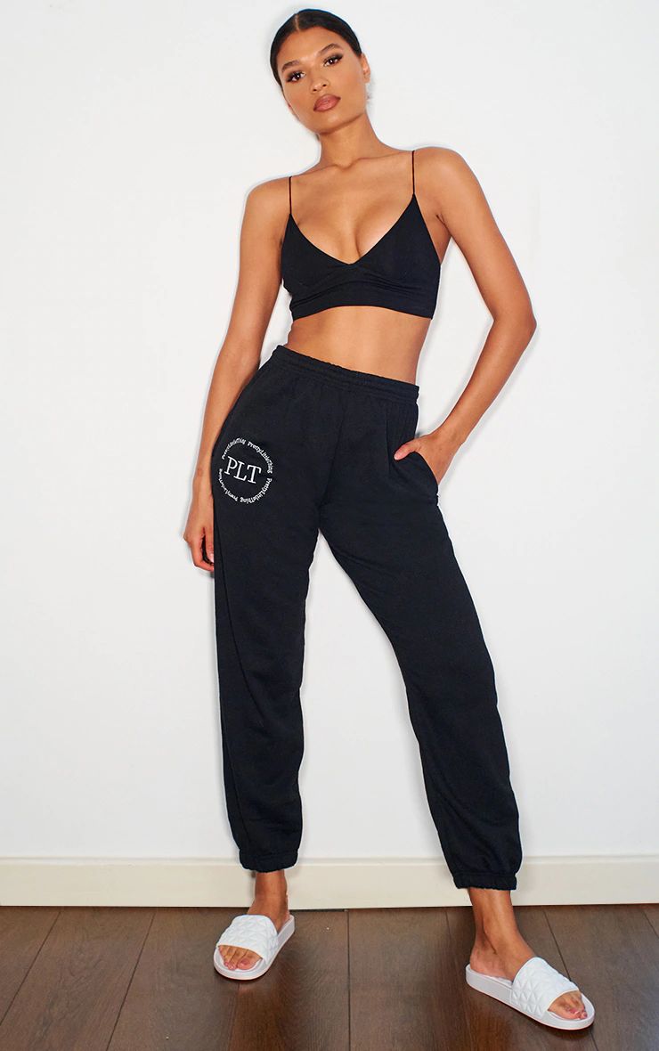 PRETTYLITTLETHING Black Embroiderd Sweat Pant Joggers | PrettyLittleThing US
