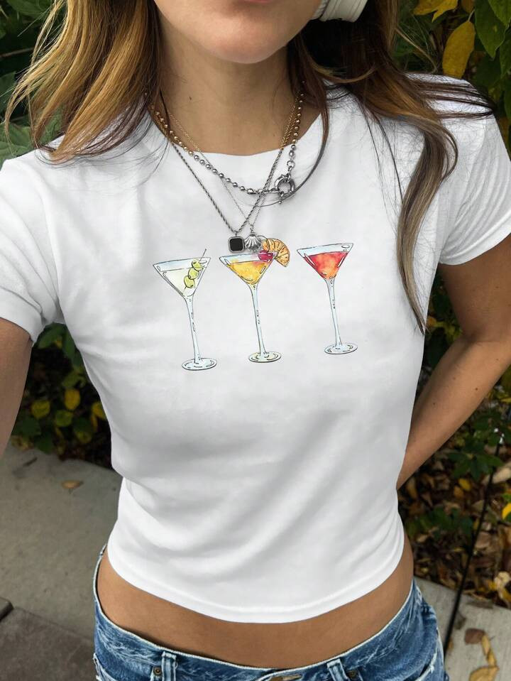 SHEIN EZwear Women Summer White Martini Cocktail Print Short Sleeve Cropped T-Shirt | SHEIN USA | SHEIN